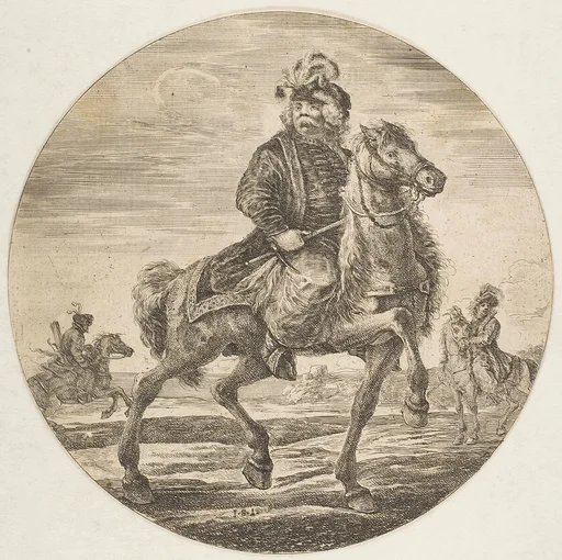 Hungarian horseman riding towards the right, other horsemen in the background, a circular composition from "Figures on Horseback (Cavaliers nègres, polonais et hongrois)