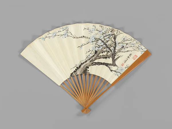 現代 袁譚淑繪梅,書陸機文,湯滌書碑,金西厓刻扇骨 成扇|Carved fan with plum-blossom painting — Yuan Tanshu|Jin Xiya