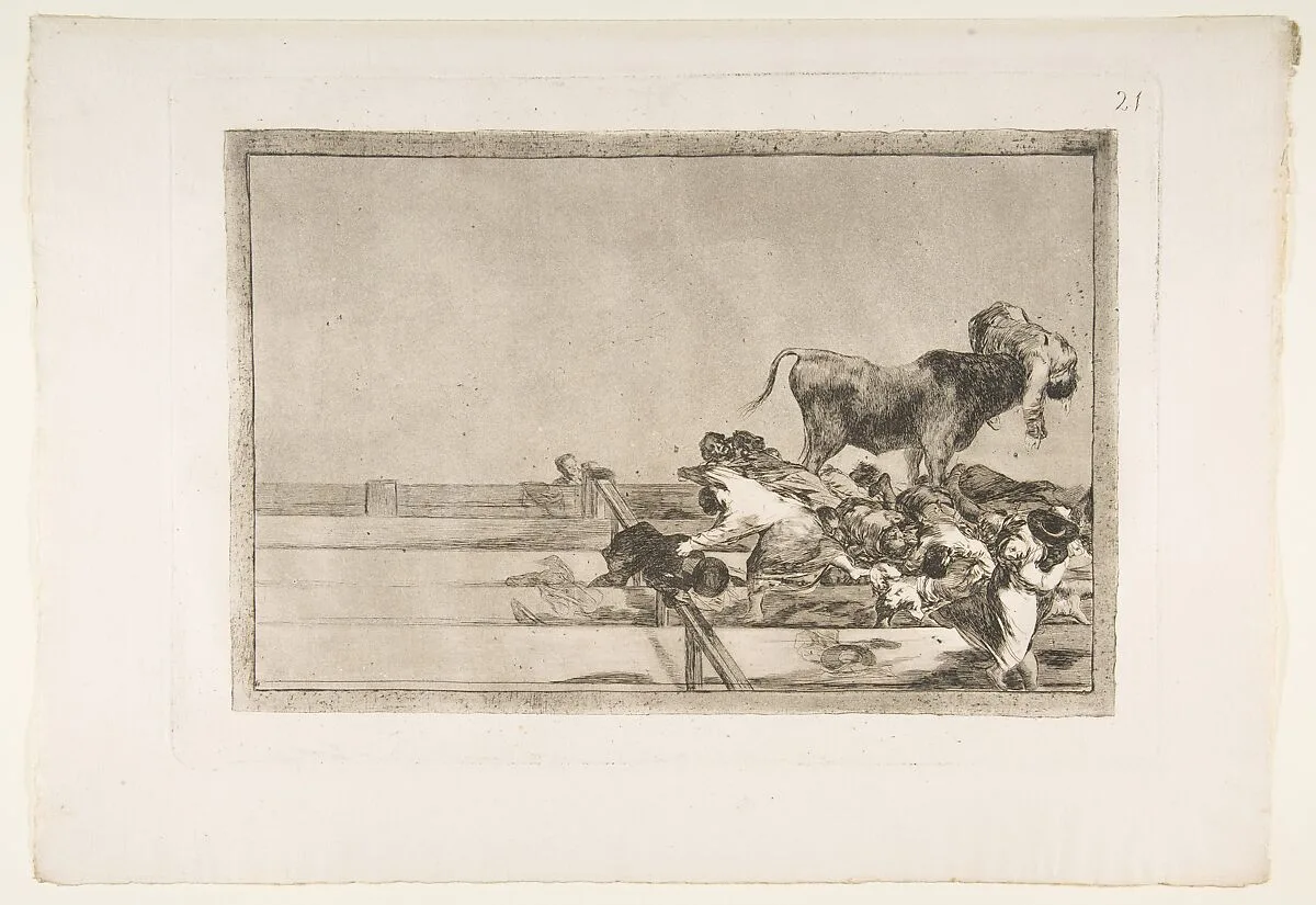 Plate 21 from "La Tauromaquia": Dreadful events in the front rows of the ring at Madrid and death of the mayor of Torrejon — Goya (Francisco de Goya y Lucientes)