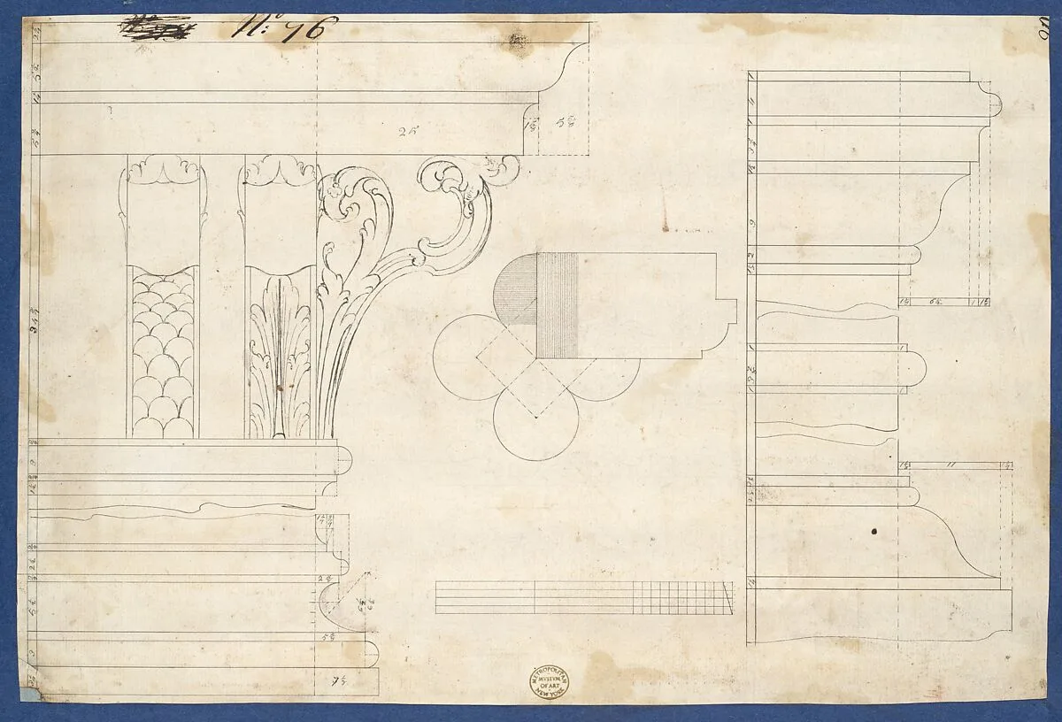 Moldings and Plan for Column on Door of Library Bookcase, from Chippendale Drawings, Vol. II — Thomas Chippendale