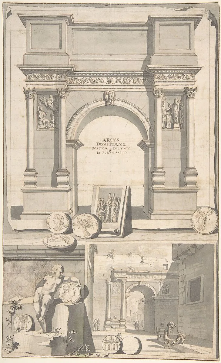 A Reconstruction of the Arch of Domitian (above) and View the Ruins (below) — Jan Goeree