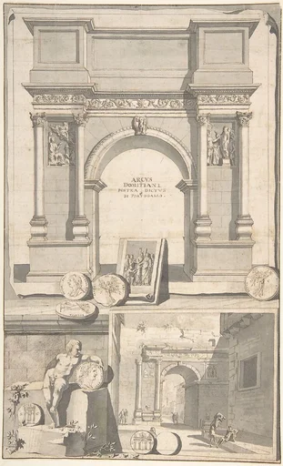 A Reconstruction of the Arch of Domitian (above) and View the Ruins (below)