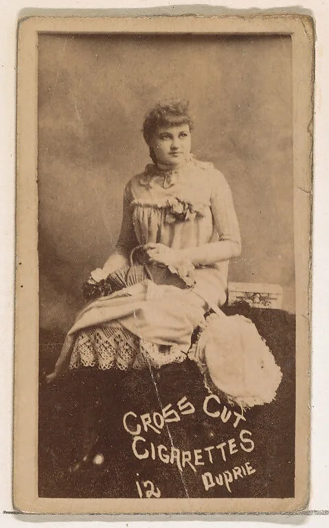 Card Number 12, Duprie, from the Actors and Actresses series (N145-1) issued by Duke Sons & Co. to promote Cross Cut Cigarettes — W. Duke, Sons & Co.