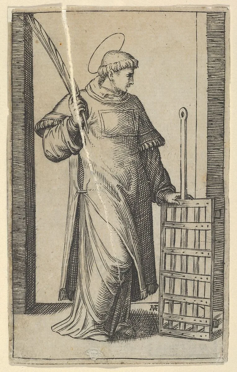 Saint Lawrence, left hand resting on a grill, from "Piccoli Santi" (Small Saints) — Marcantonio Raimondi
