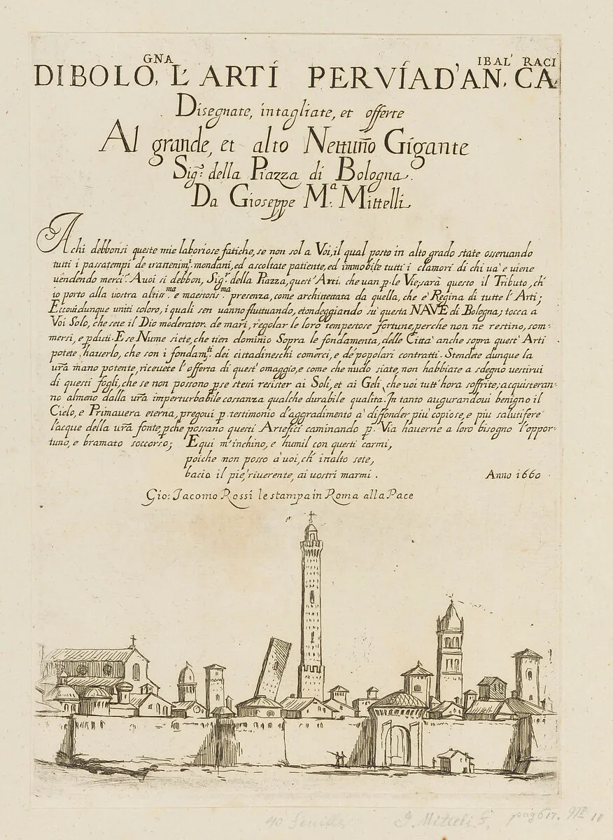 Frontispiece depicting a View of Bologna, from Di Bologna l'Arti per via D'An.ibal' Ca.rac, plate 1 — Giuseppe Maria Mitelli|Annibale Carracci|Giovanni Giacomo De Rossi