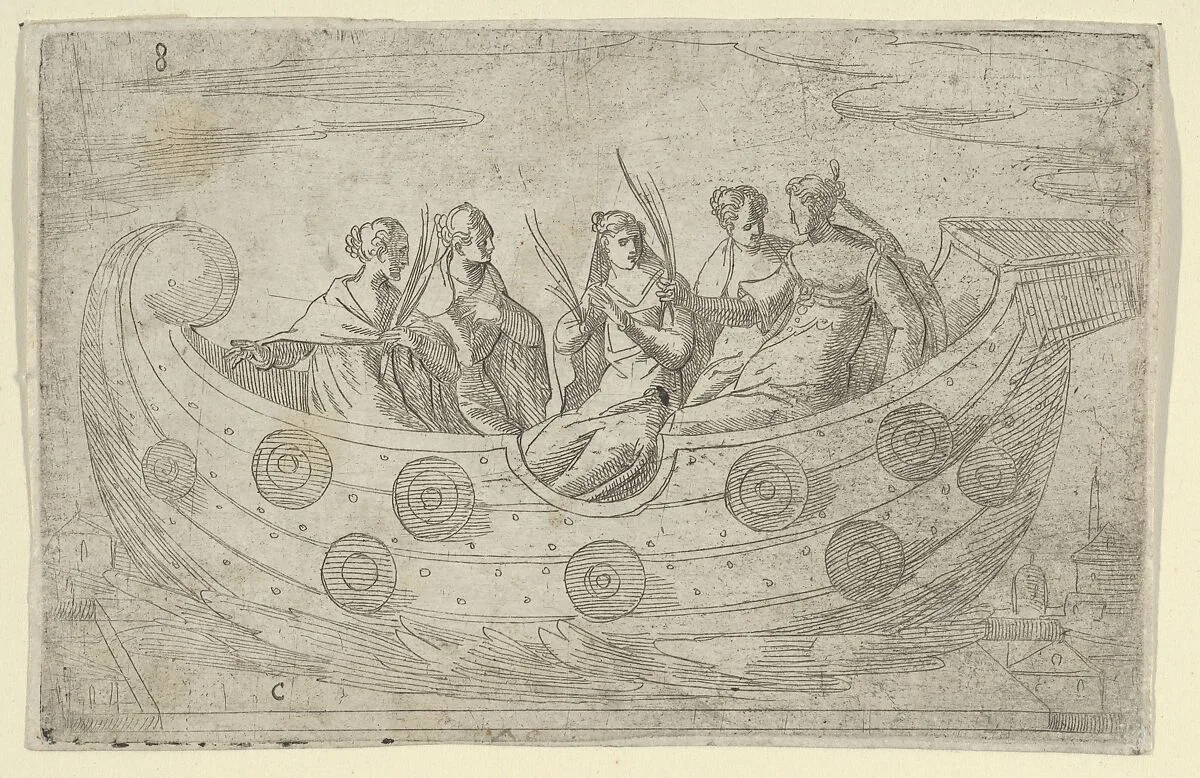 Five women in a boat, holding palm leaves — Anonymous, Italian, 16th century