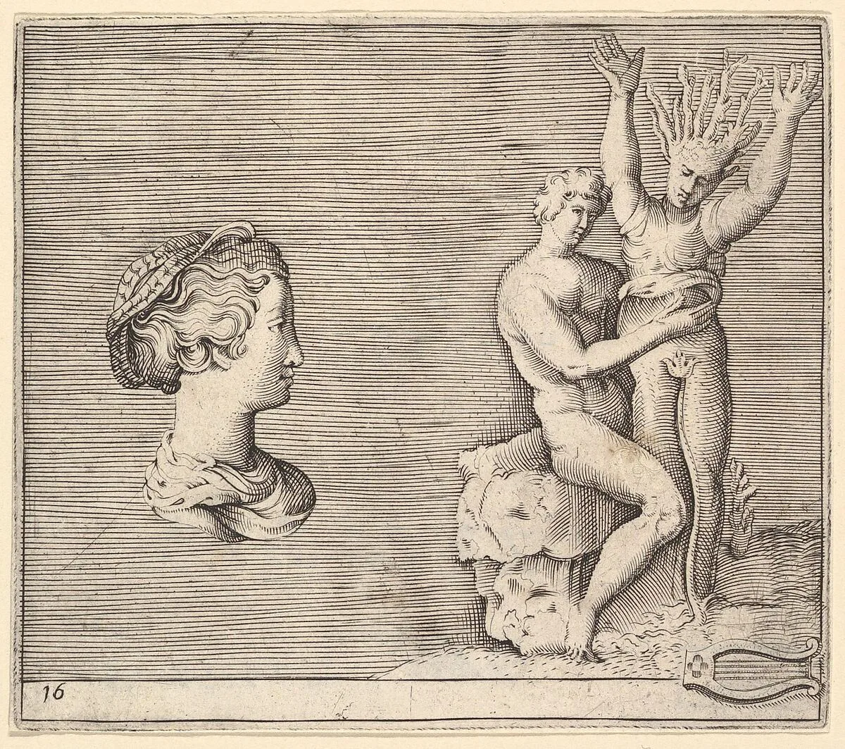 Head of Woman in Profile; Apollo and Daphne, from "Ex Antiquis Cameorum et Gemmae Delineata/ Liber Secundus/et ab Enea Vico Parmen Incis" — Francesco Angeloni|Battista Franco|Philippe Thomassin|Enea Vico|Anonymous, Italian, 16th century