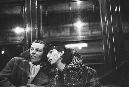 [Three 35mm Film Frames: Subway Passengers, New York City: Two Women, Woman in Face-Veiled Hat]