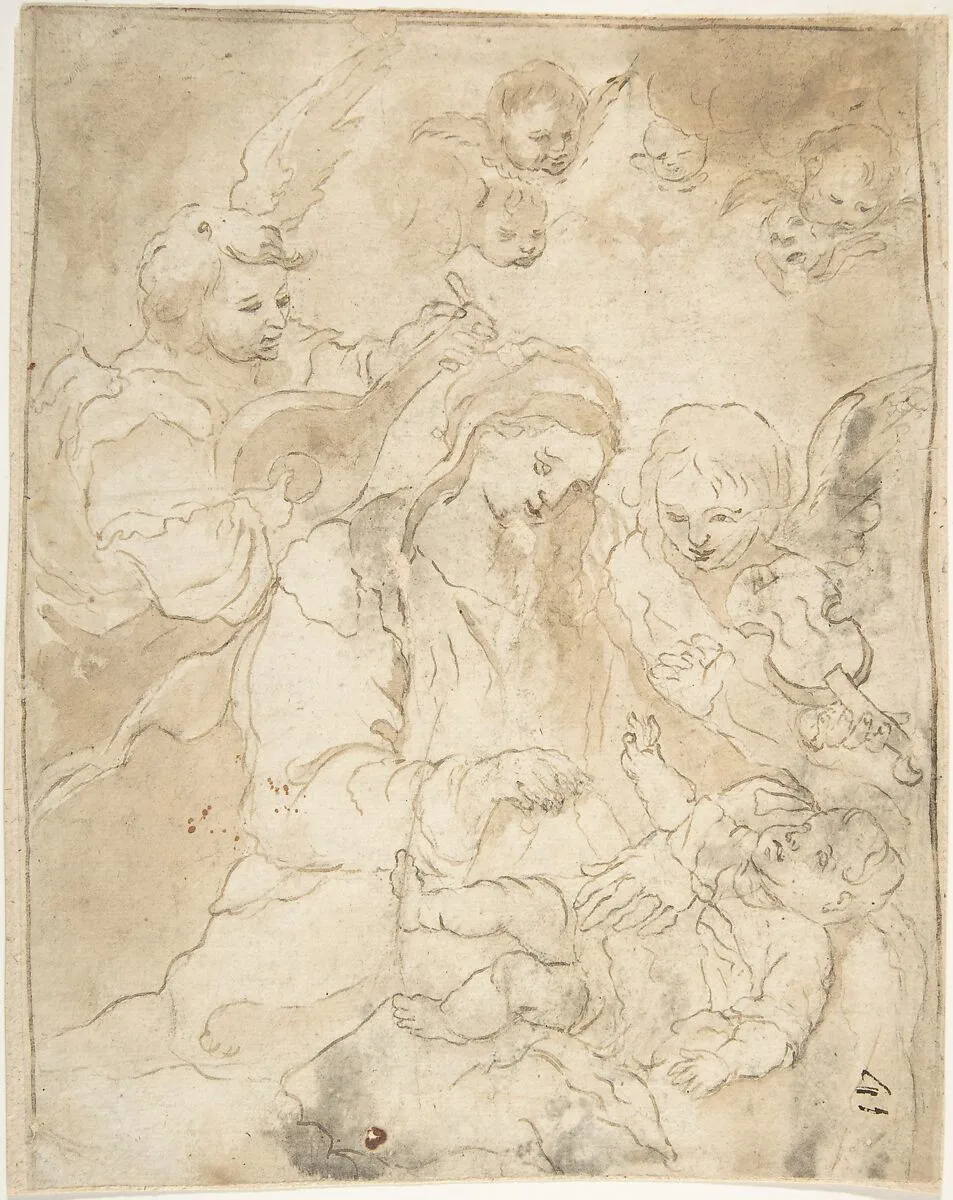 Madonna and Child with Angels Playing Lute and Viola da Braccio — Anonymous, Spanish, School of Seville, 17th century