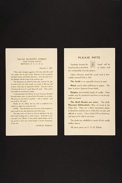 "Please Note" Page for a Set of Advertising Cards — Charles Rohlfs