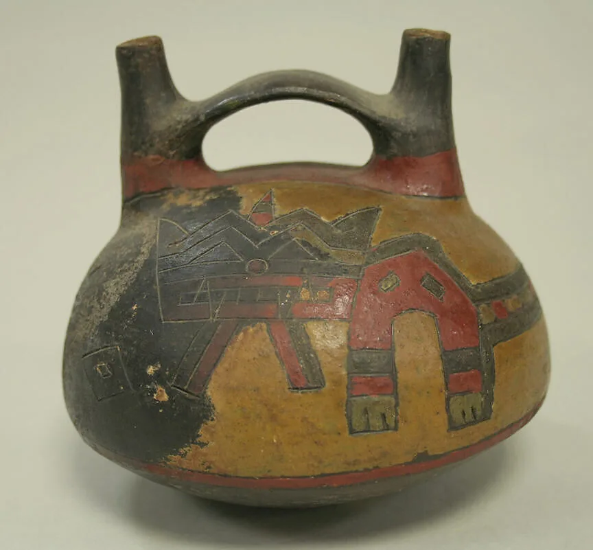 Double Spout and Bridge Bottle with Incised Design — Unknown