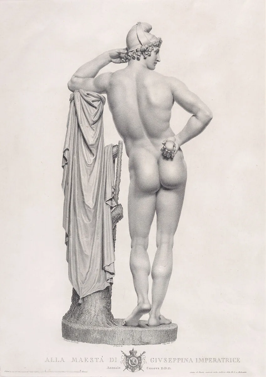 Paris leaning on tree stump, back view, from "Oeuvre de Canova: Recueil de Statues..." — Antonio Canova|Angelo Testa|Giovanni Tognolli