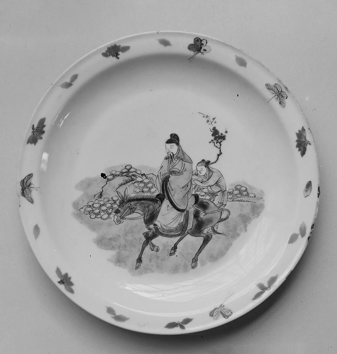 清康熙 景德鎮窯五彩踏雪尋梅圖盤|Plate with scholar and plum branches — Unknown