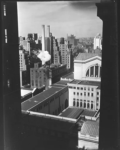 [Cityscape with West 31st Street Buildings and Smokestacks, From High Elevation, New York City]