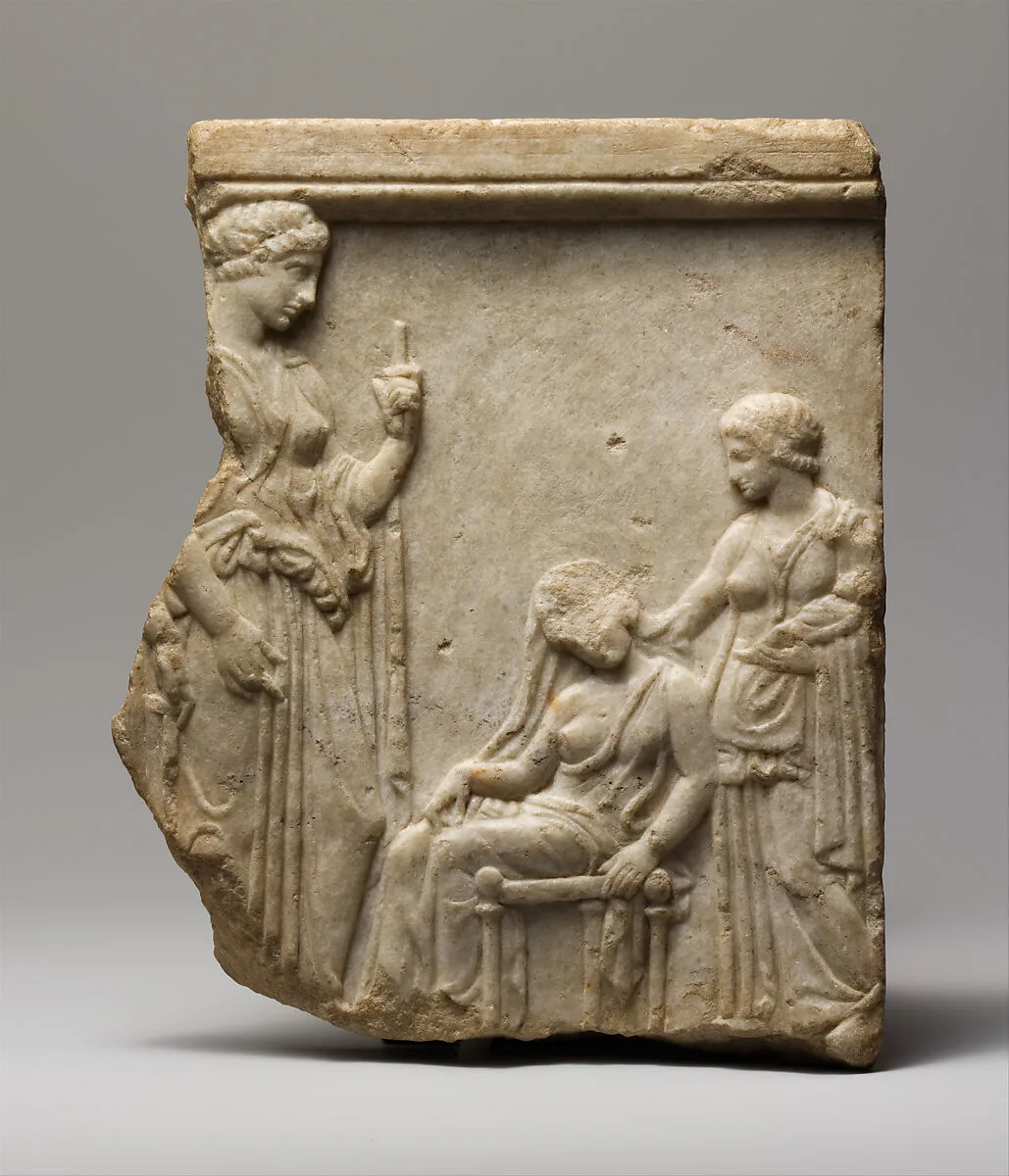 Marble votive relief fragment of goddesses, mother, nurse, and infant — Unknown