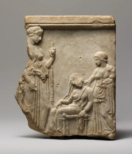 Marble votive relief fragment of goddesses, mother, nurse, and infant