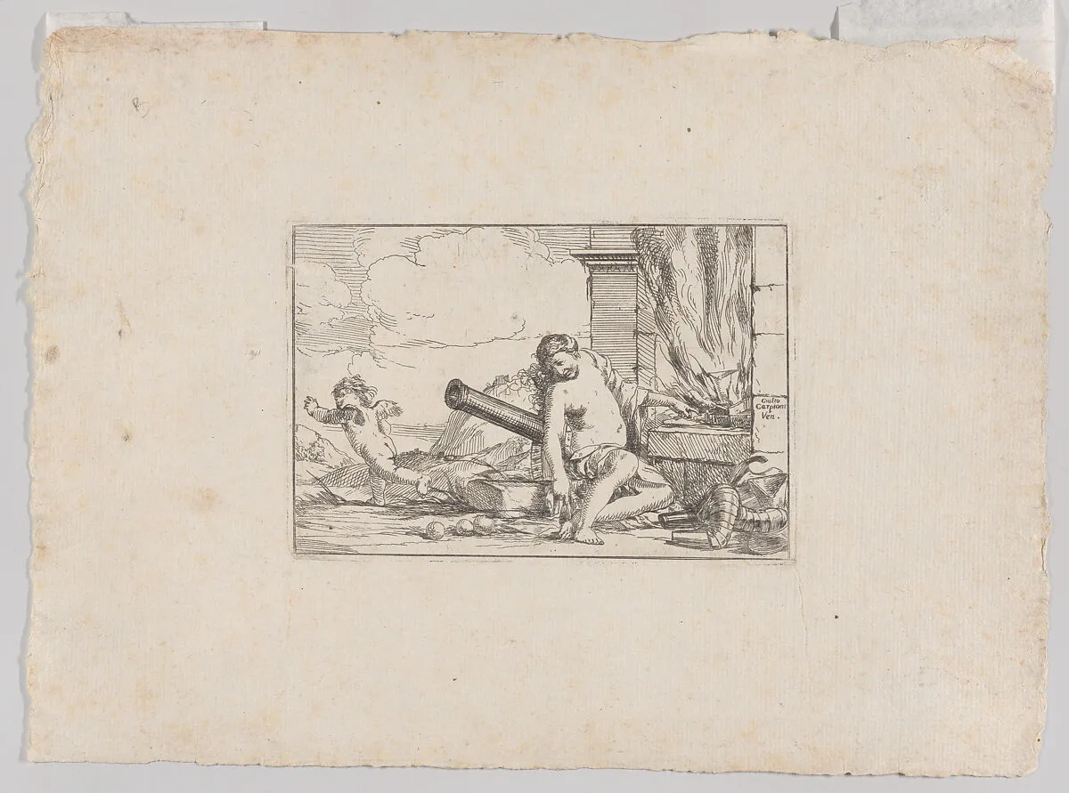 Fire, represented by Venus seated before Vulcan's forge, with armor, a cannon, and cannon balls surrounding her, she turns her head toward Cupid, who stretches his body away from her, from "The Elements" — Giulio Carpioni