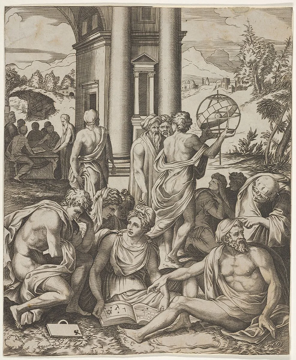 Assembly of male and female scholars gathered around an open book, in the middle ground a man holds aloft an armillary sphere, another group of scholars in the background — Marco Dente|Giuseppe Salviati (Giuseppe Porta, called Il Salviati)