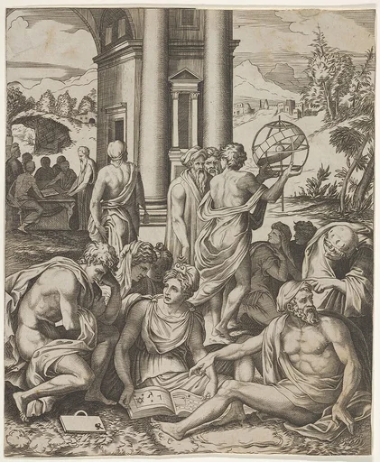 Assembly of male and female scholars gathered around an open book, in the middle ground a man holds aloft an armillary sphere, another group of scholars in the background