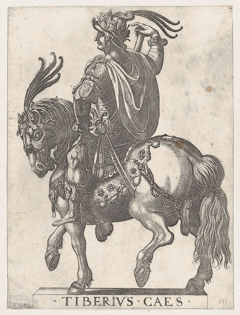 Plate 3: Emperor Tiberius on Horseback, from 'The First Twelve Roman Caesars' — Antonio Tempesta|Giovanni Battista di Lazzaro Panzera da Parma