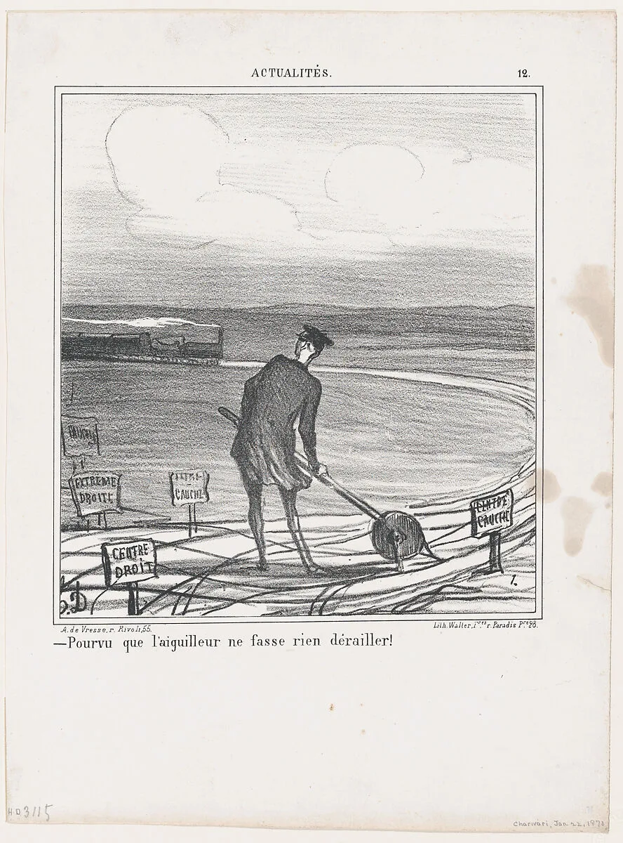Provided that the switchman lets nothing derail, from 'News of the day,' published in "Le Charivari" — Walter Frères|Arnaud de Vresse|Honoré Daumier|Emile Ollivier