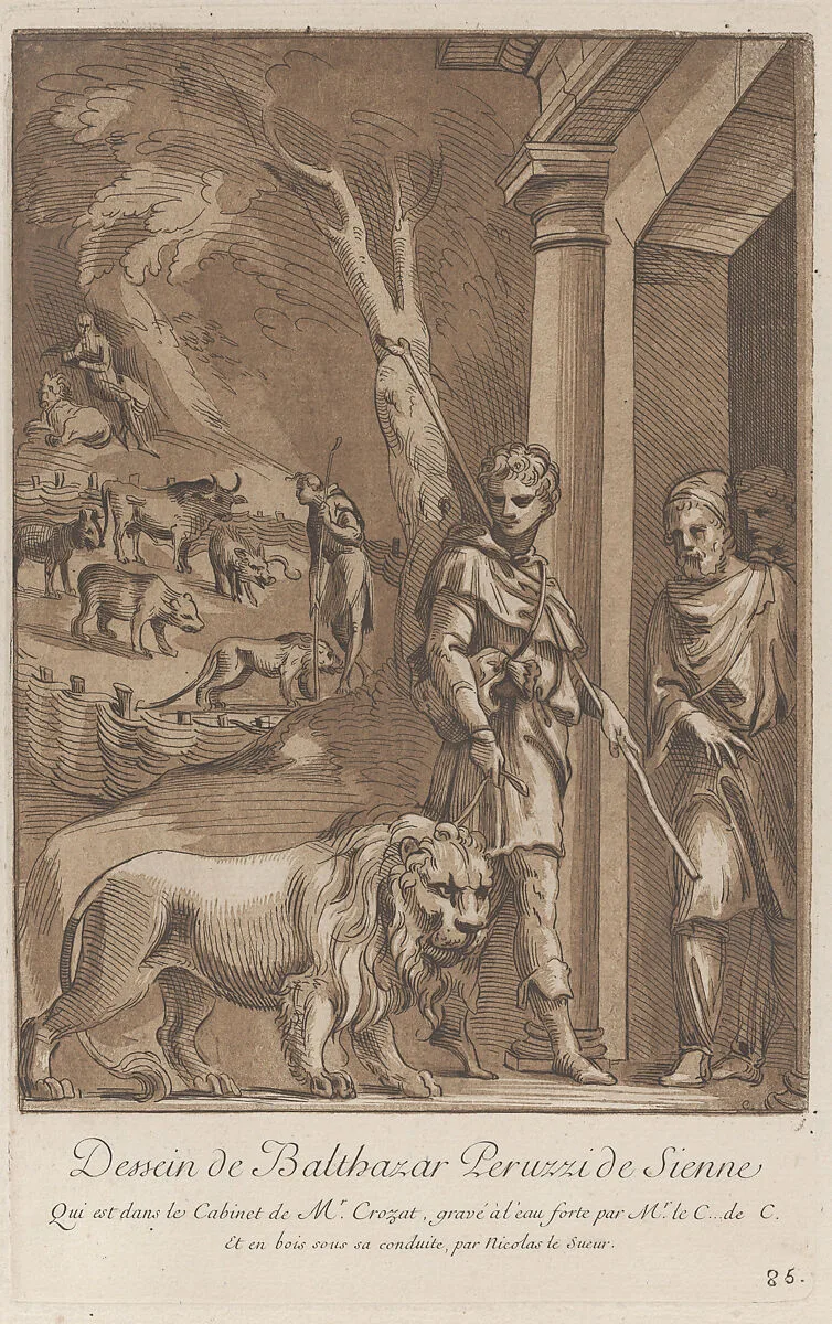 A shepherd holding a lion on a leash in the foreground, in the middle ground the shepherd stands in a meadow surrounded by wild beasts, in the background the shepherd is seated on a rock with the lion at his side; from 'Recueil d'estampes d'après les plus beaux tableaux et d'après les plus beaux desseins qui sont en France, Cabinet Crozat' after a drawing by Baldassare Peruzzi — Baldassare Tommaso Peruzzi|Nicolas Le Sueur|Anne Claude Philippe de Tubières, comte de Caylus