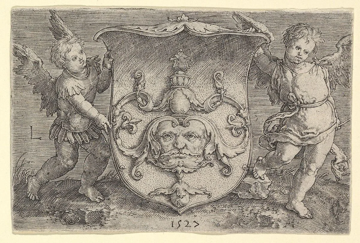 Coat of Arms with a Mask, Held by Two Genii — Lucas van Leyden
