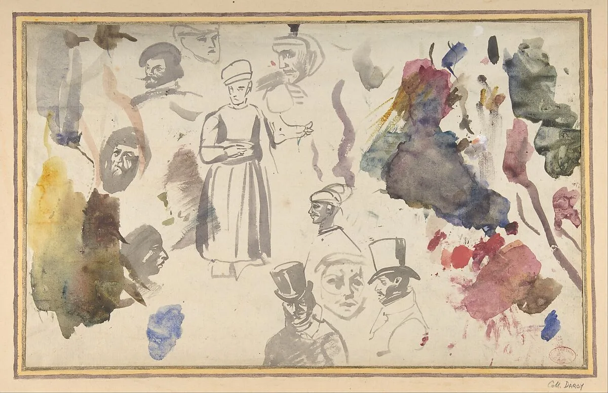 Studies of male heads and a standing male figure — Eugène Delacroix