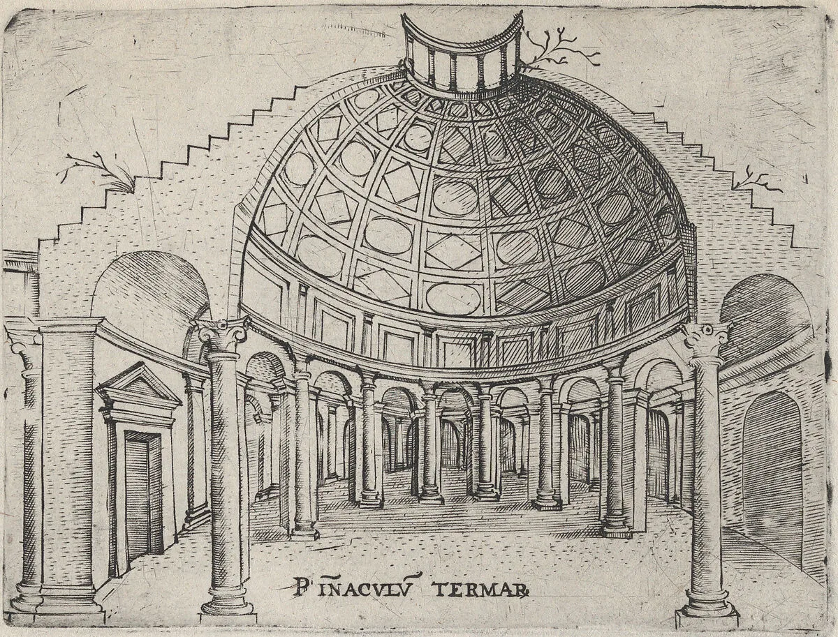 Pinaculu Termar (sic), from a Series of 24 Depicting (Reconstructed) Buildings from Roman Antiquity — Anonymous, Italian, 16th century|Monogrammist G.A. & the Caltrop