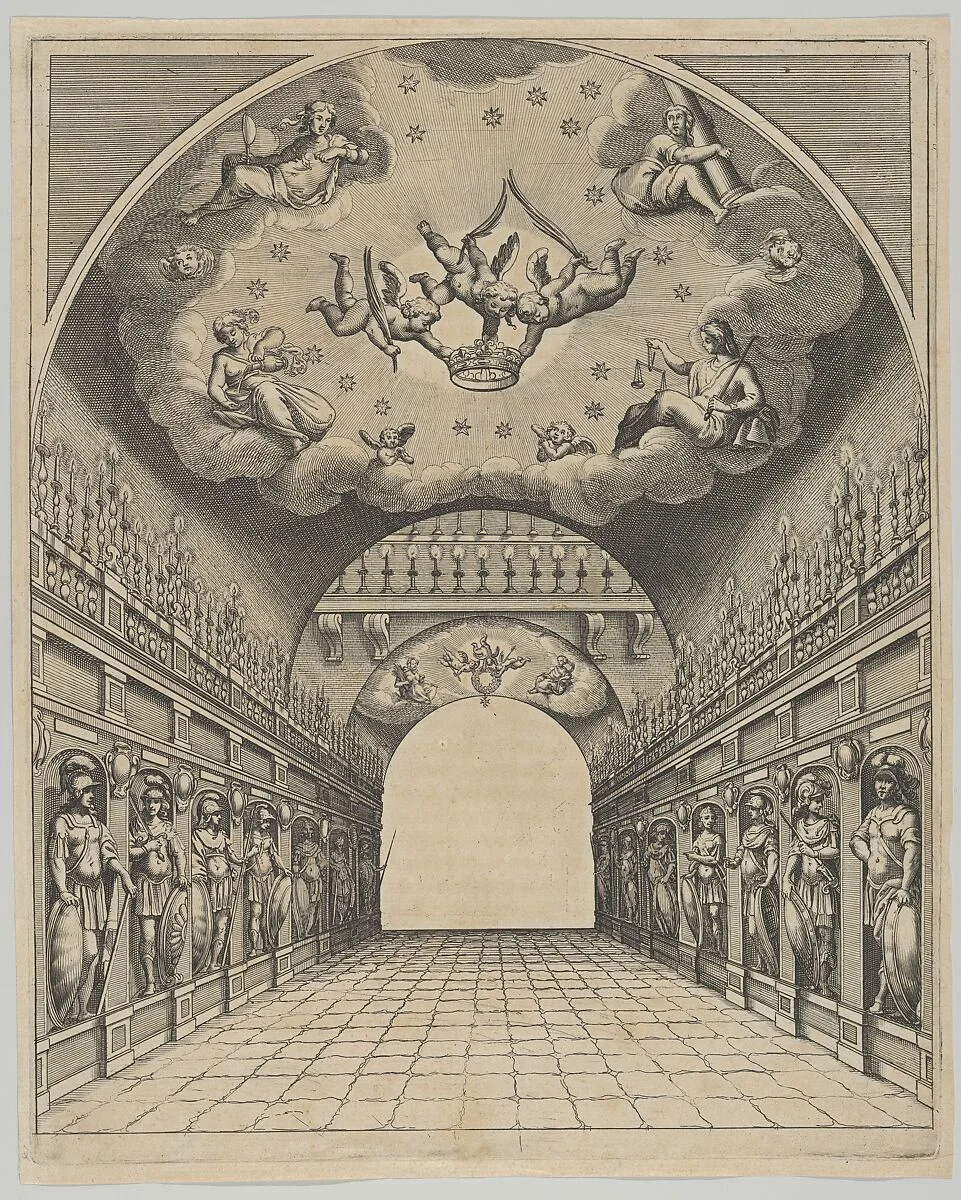 Great hall, from 'Éloges et discours sur la triomphante réception du Roy en sa ville de Paris ...' by Jean-Baptiste de Machault — Melchior Tavernier|Pierre Firens I|Jean-Baptiste de Machault|Abraham Bosse