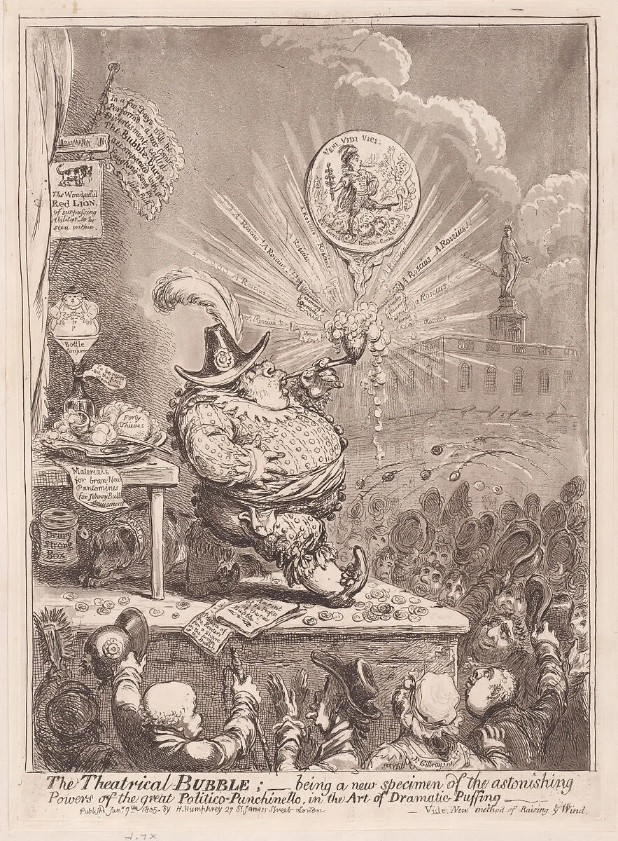 The Theatrical Bubble;–being a new Specimen of the Astonishing Powers of the Great Politiico-Punchinello in the Art of Dramatic Puffing — James Gillray|Hannah Humphrey
