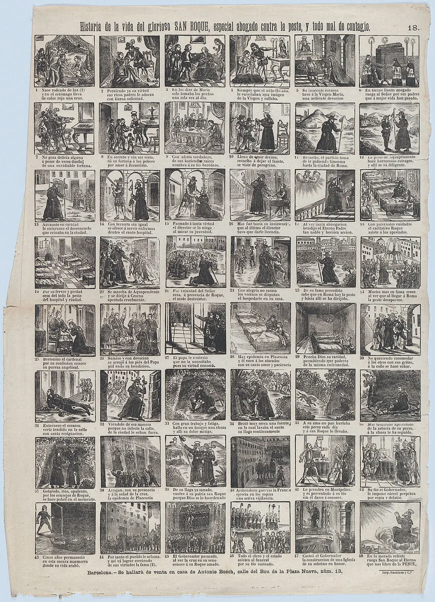 Broadside with 48 scenes relating to the life of Saint Roch (Roque) — José Noguera|N. Ramírez y Compañia|Antonio Bosch