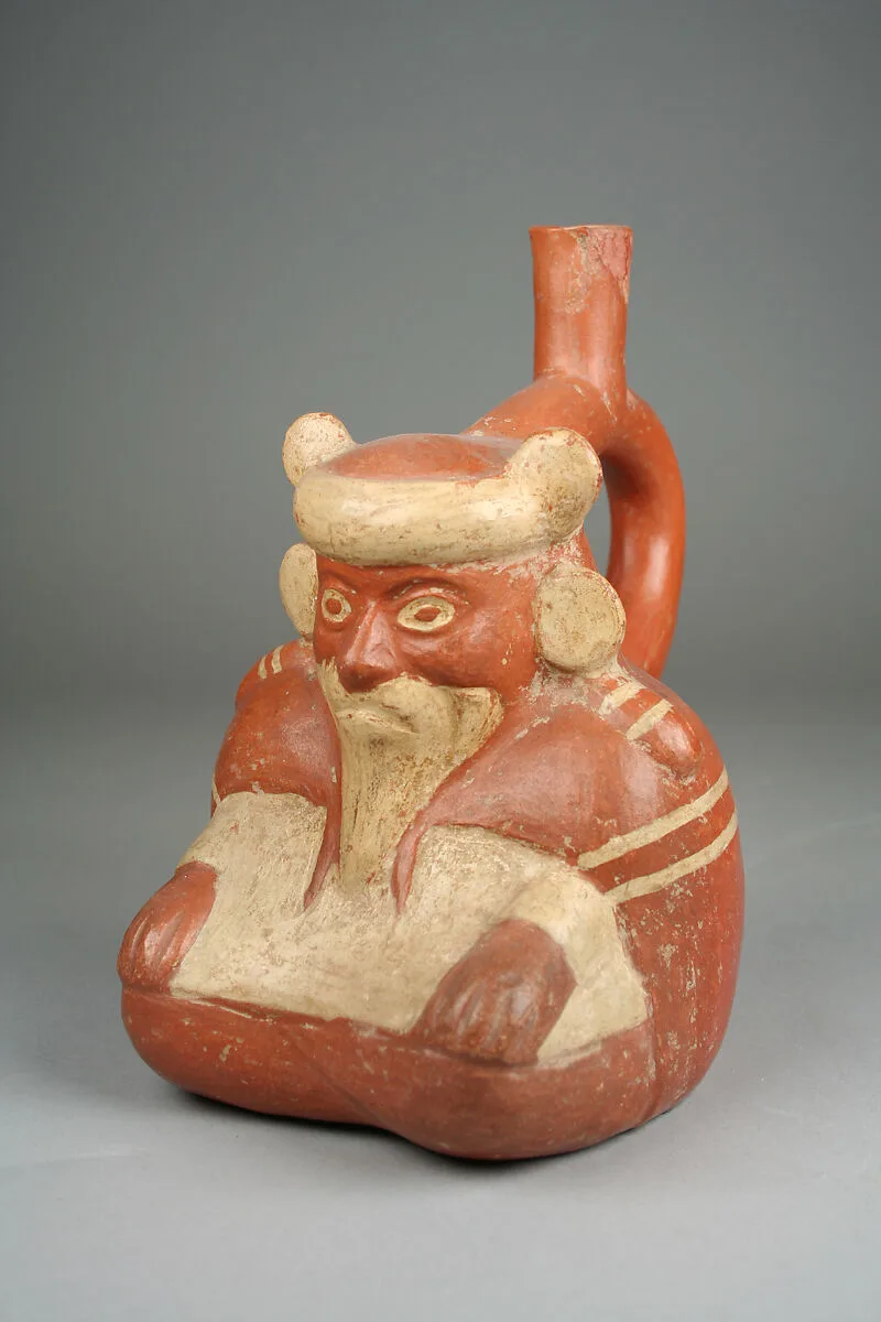 Stirrup spout bottle with sitting figure — Unknown