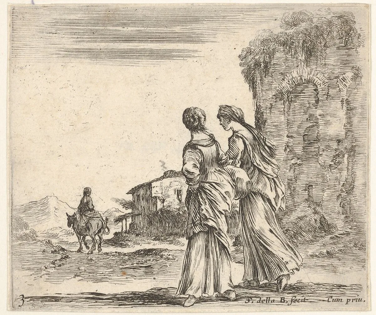 Plate 3: two girls walking towards the left, seen from behind, a woman on a horse to left in background, from 'Diversi capricci' — Stefano della Bella