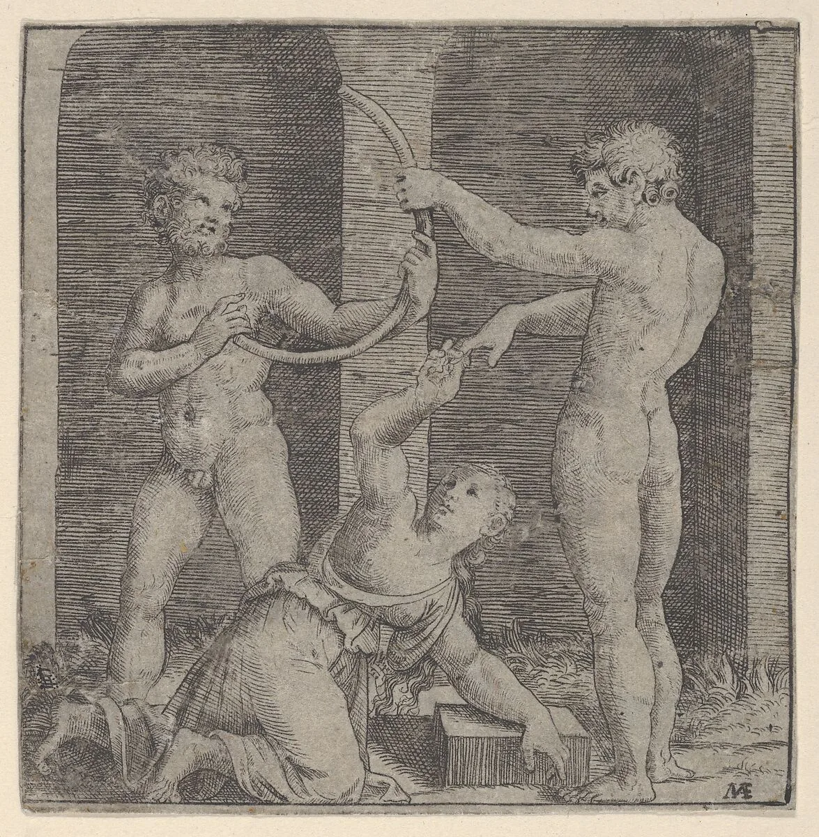 A woman kneeling at centre reaching up with her right hand to place a ring on the finger of a naked man holding a curved stick that is also held by another man at left — Marcantonio Raimondi