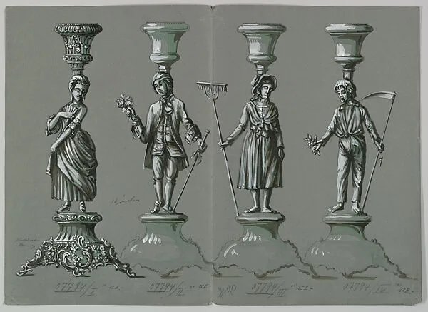 Design for Four Silver Candlesticks with Lady and Gentleman and Country Boy and Girl — Anonymous, Czech, early 20th century