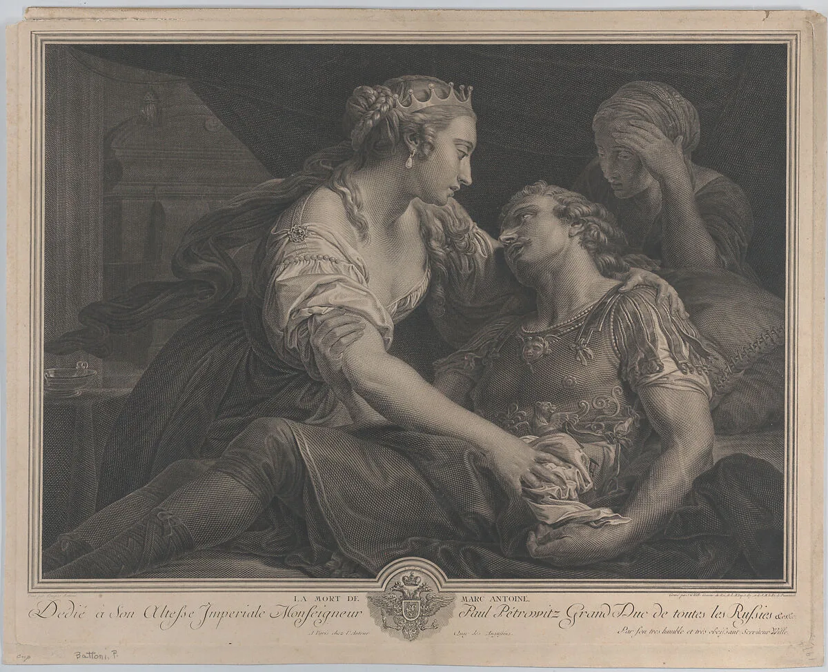 The Death of Mark Antony with Cleopatra at left — Pompeo Batoni|Johann Georg Wille