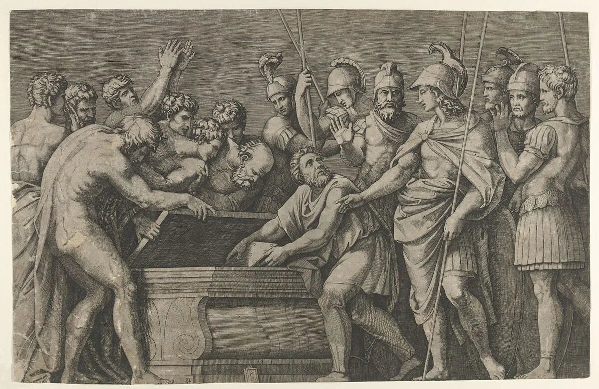 Alexander the Great commanding that the work of Homer be placed in the tomb of Achilles — Marcantonio Raimondi