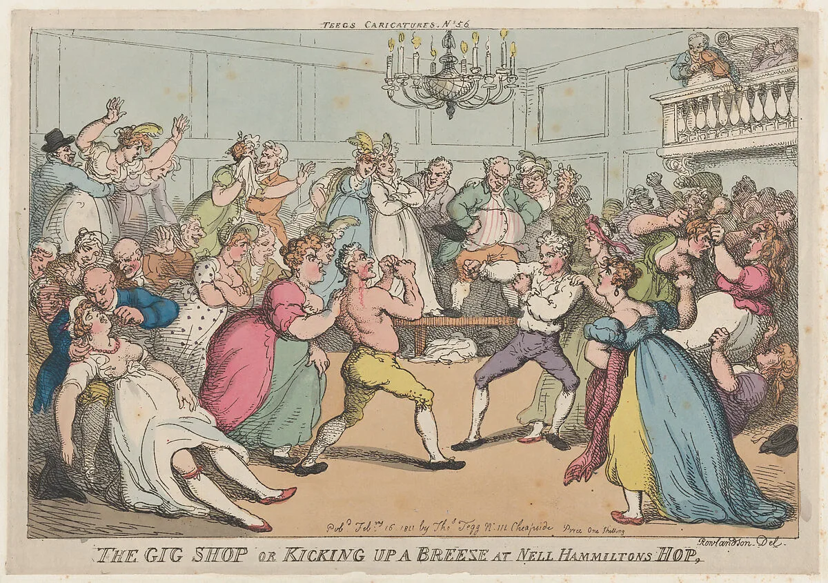 The Gig Shop or Kicking Up a Breeze at Nell Hammiltons Hop — Thomas Tegg|Thomas Rowlandson