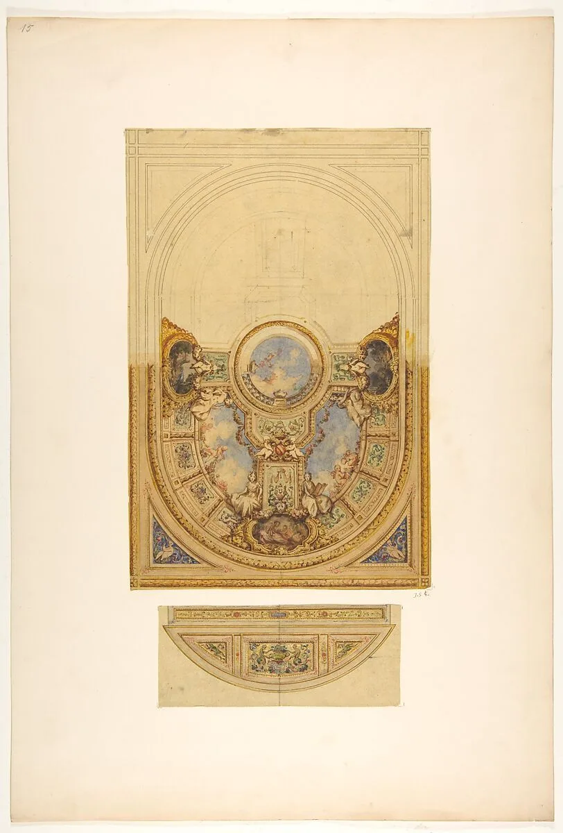 Design for the decoration of an oval ceiling with putti and garlands; with a detail of a lunette — Jules-Edmond-Charles Lachaise|Eugène-Pierre Gourdet
