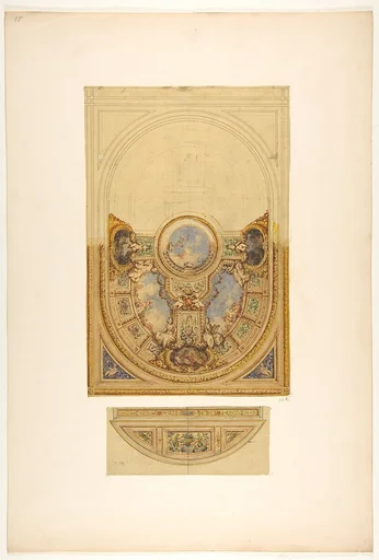 Design for the decoration of an oval ceiling with putti and garlands; with a detail of a lunette