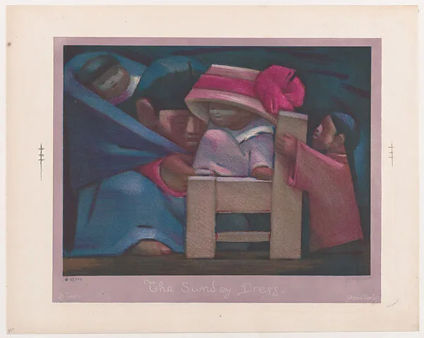 'The Sunday Dress', Mexican family including a child on a chair wearing an elegant hat — Jean Charlot|Kistler (Lynton R. and/or Will A.)