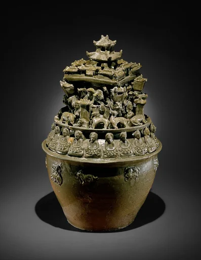 西晉 越窯神人樓閣紋青瓷瓶(魂瓶)|Funerary Urn (Hunping)