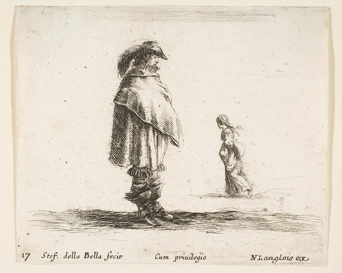 A man wearing a plumed hat in center facing right, a woman walking towards the left in the background, plate 17 from "Diversi capricci" — Stefano della Bella|Nicolas Langlois