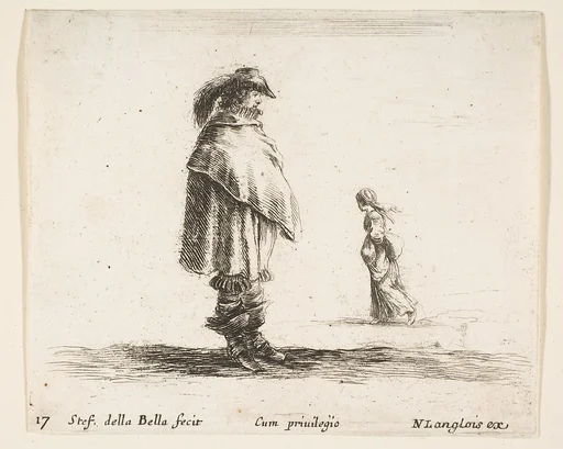 A man wearing a plumed hat in center facing right, a woman walking towards the left in the background, plate 17 from "Diversi capricci"