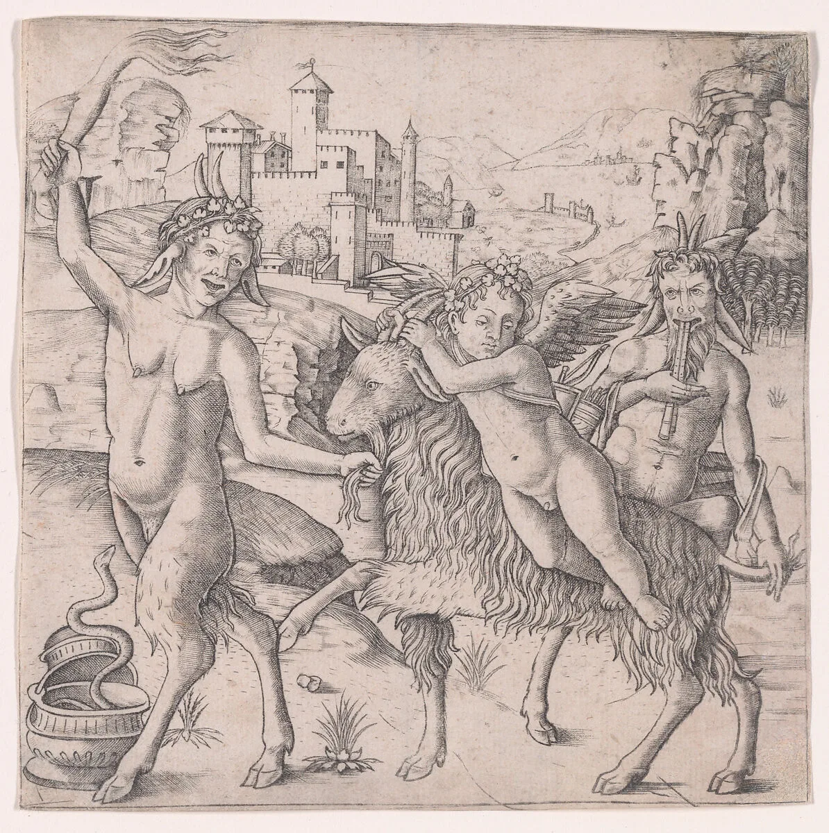 Cupid riding a goat accompanied by two satyrs, landscape in the background — Giovanni Pietro da Birago|Giovanni Antonio da Brescia