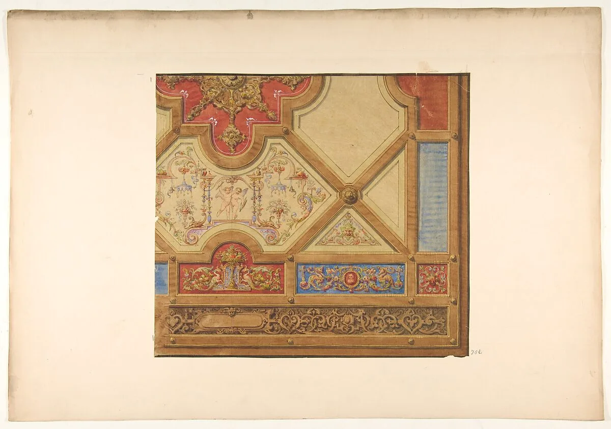Partial design for the decoration of a ceiling in geometric panels painted with putti, masks., and griffins — Jules-Edmond-Charles Lachaise|Eugène-Pierre Gourdet