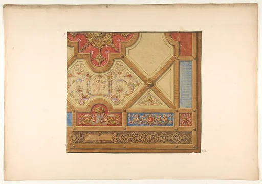 Partial design for the decoration of a ceiling in geometric panels painted with putti, masks., and griffins