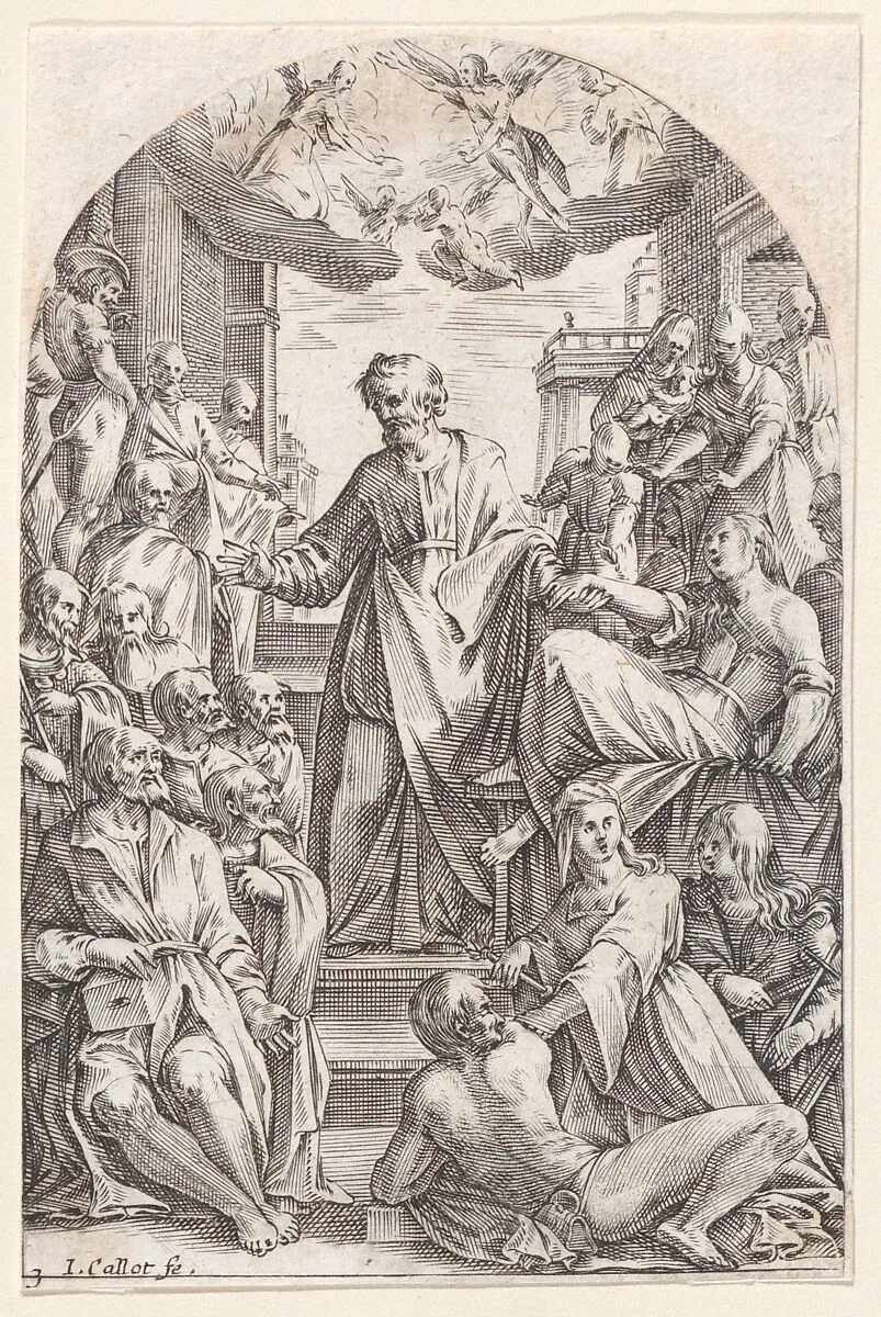 St. Peter Resucitating Tabitha, plate 3 from "Les Tableaux de Rome, Les Eglises Jubilaires" (The Paintings of Rome, The Churches Jubilee) — Jacques Callot|Giovanni Baglione