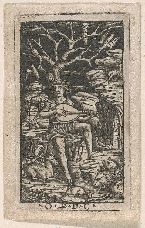 Orpheus seated playing his lyre, and charming the animals — Peregrino da Cesena